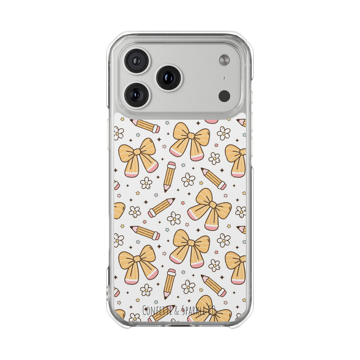 Clear Magnetic Phone Case — Cute Yellow Bow & Pencil Pattern