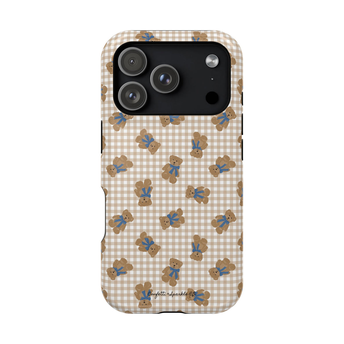 Magnetic Impact-Resistant Phone Case — Beige Gingham with Tiny Teddy Bears
