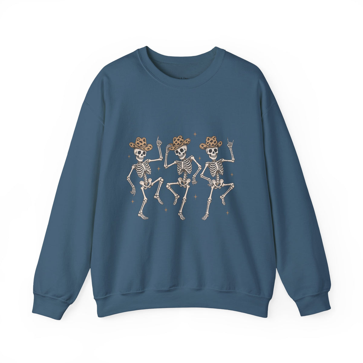 Dancing Skeletons Crewneck Sweatshirt — Western Cowboy Halloween Pullover for Women