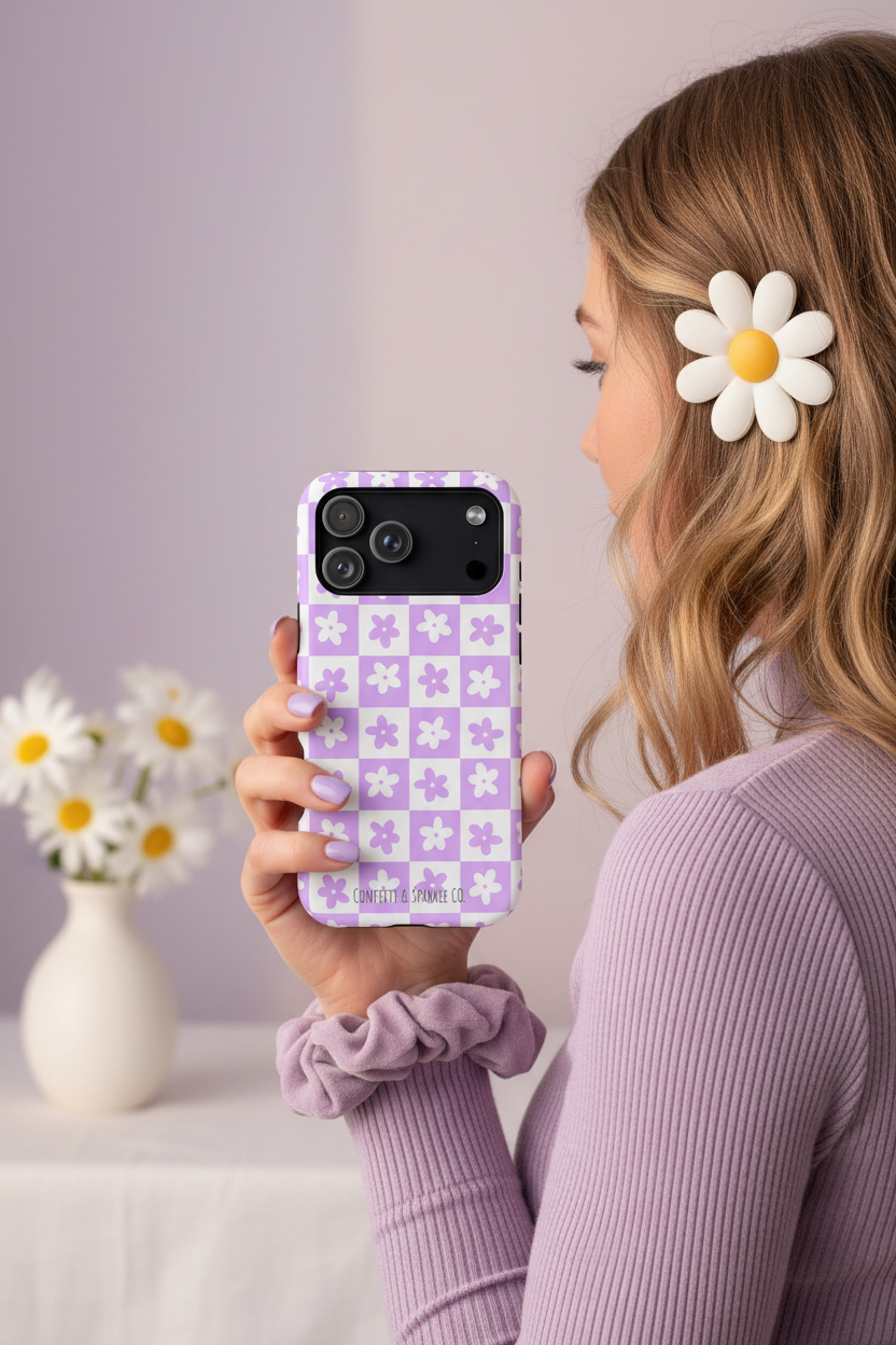 Lavender Daisy Checkered Case Lifestyle