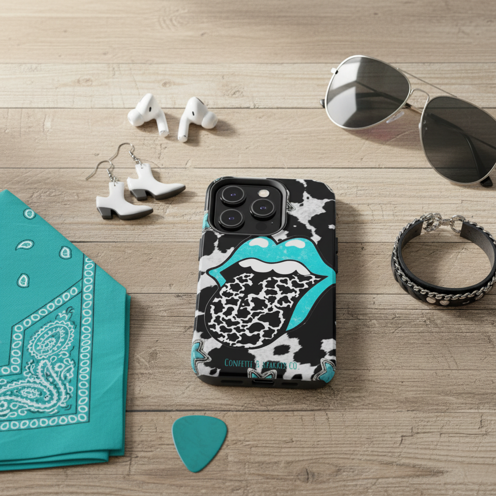 Cow Print Rocker Phone Case Flat Lay