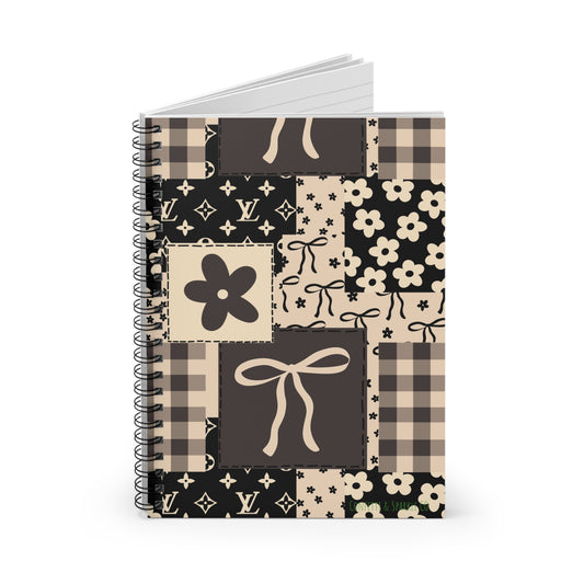 Patchwork Floral Spiral Notebook — Neutral Vintage Bow & Plaid Ruled Journal