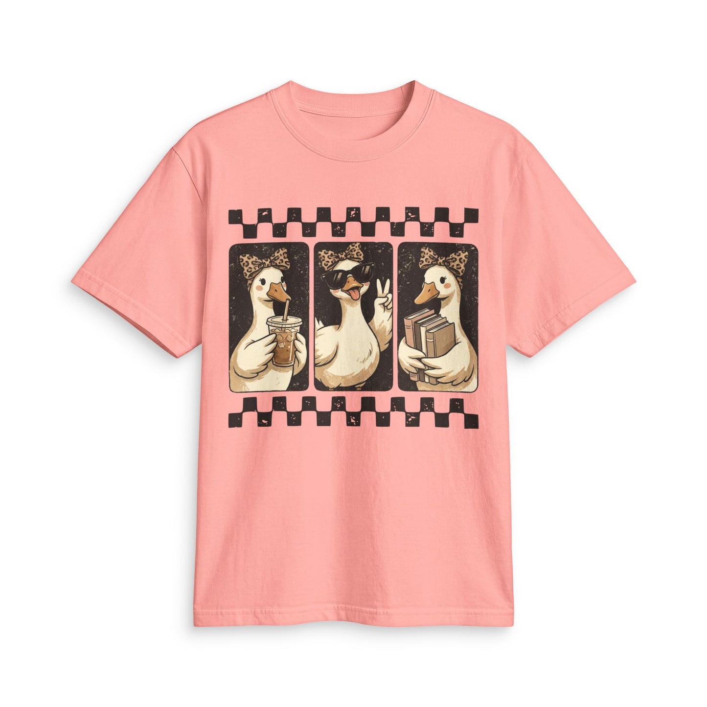 Duck Trio Graphic T-Shirt — Cute Vintage Ducks Holding Coffee & Books