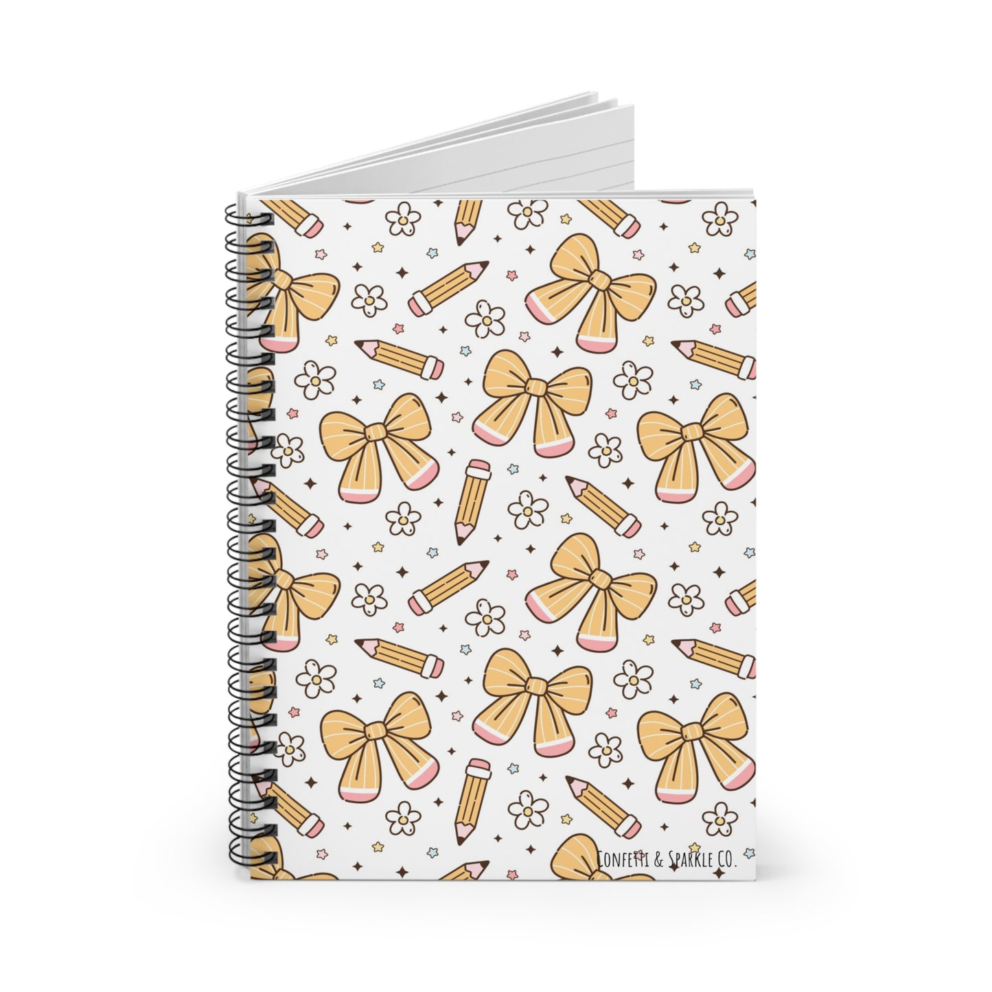 Cute Yellow Bow & Pencil Spiral Notebook – School Journal, Cute Floral Stationery