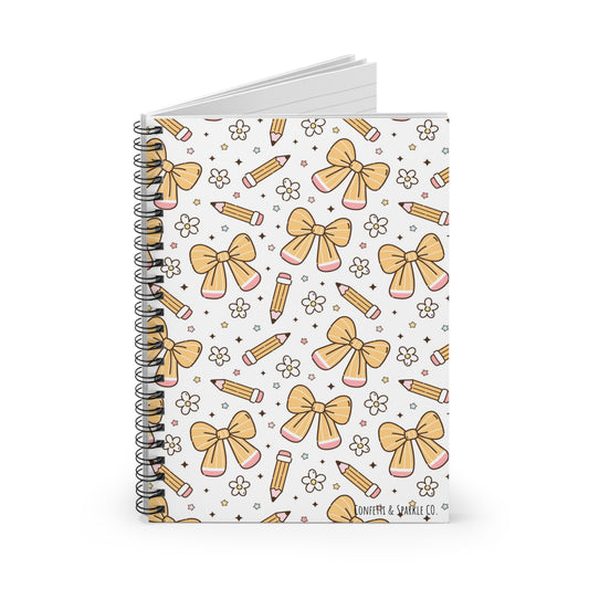 Cute Yellow Bow & Pencil Spiral Notebook – School Journal, Cute Floral Stationery