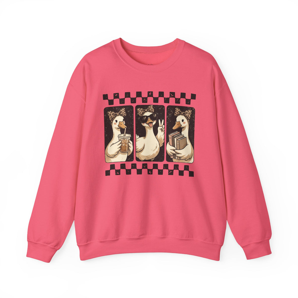 Duck Trio Graphic Sweatshirt — Vintage Checkerboard Cozy Pullover