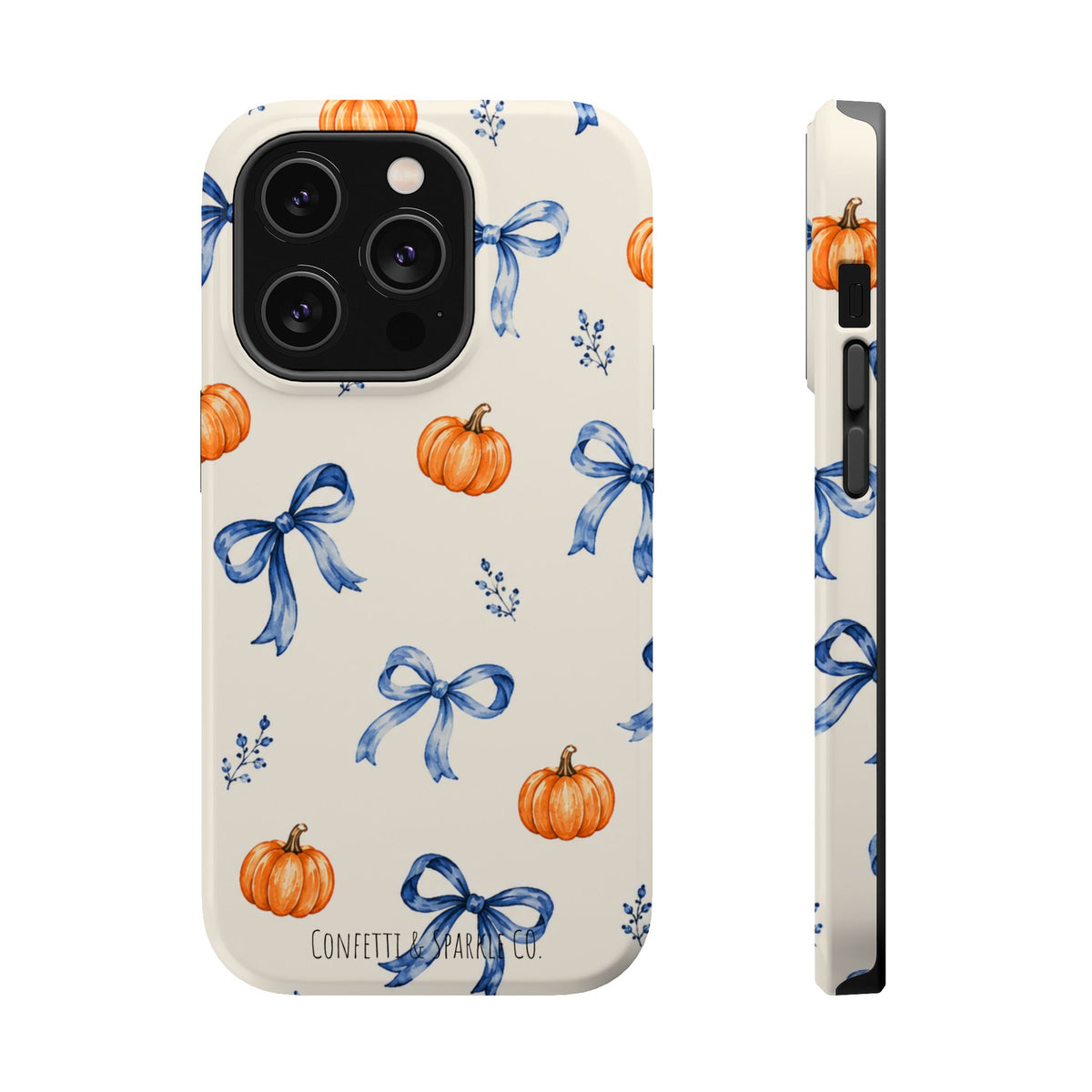 Pumpkin & Blue Bow Phone Case — Magnetic Impact-Resistant Fall Design