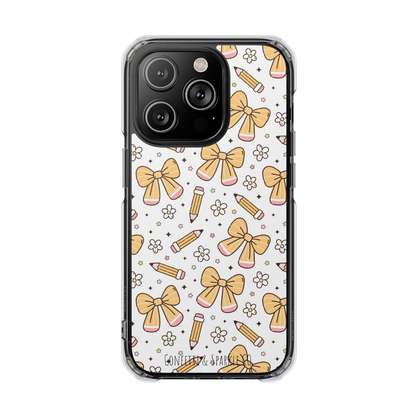 Clear Magnetic Phone Case — Cute Yellow Bow & Pencil Pattern