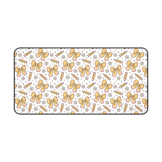 Yellow Bow Pattern Desk Mat — Cute Floral Ribbon Mousepad for Desk Decor
