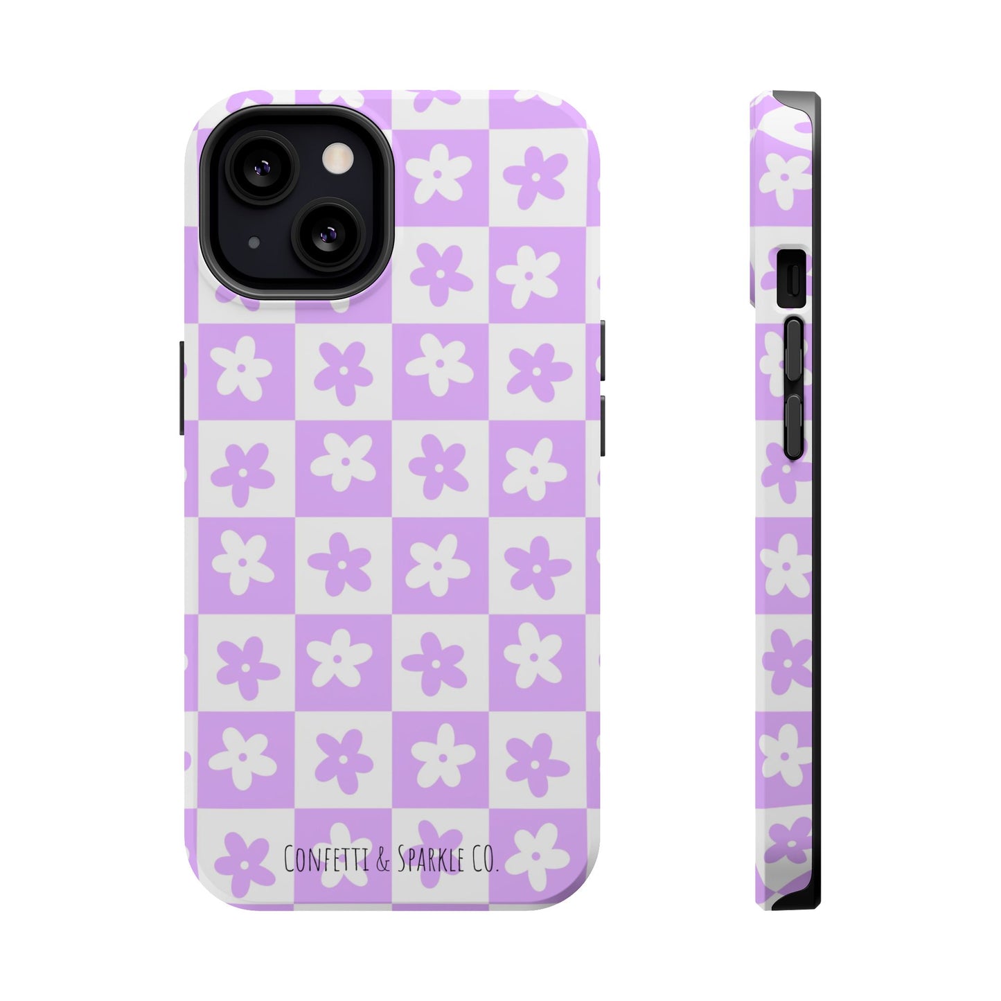 Lavender Retro Daisy Pattern -- Floral Checkered Magnetic Impact Phone Case