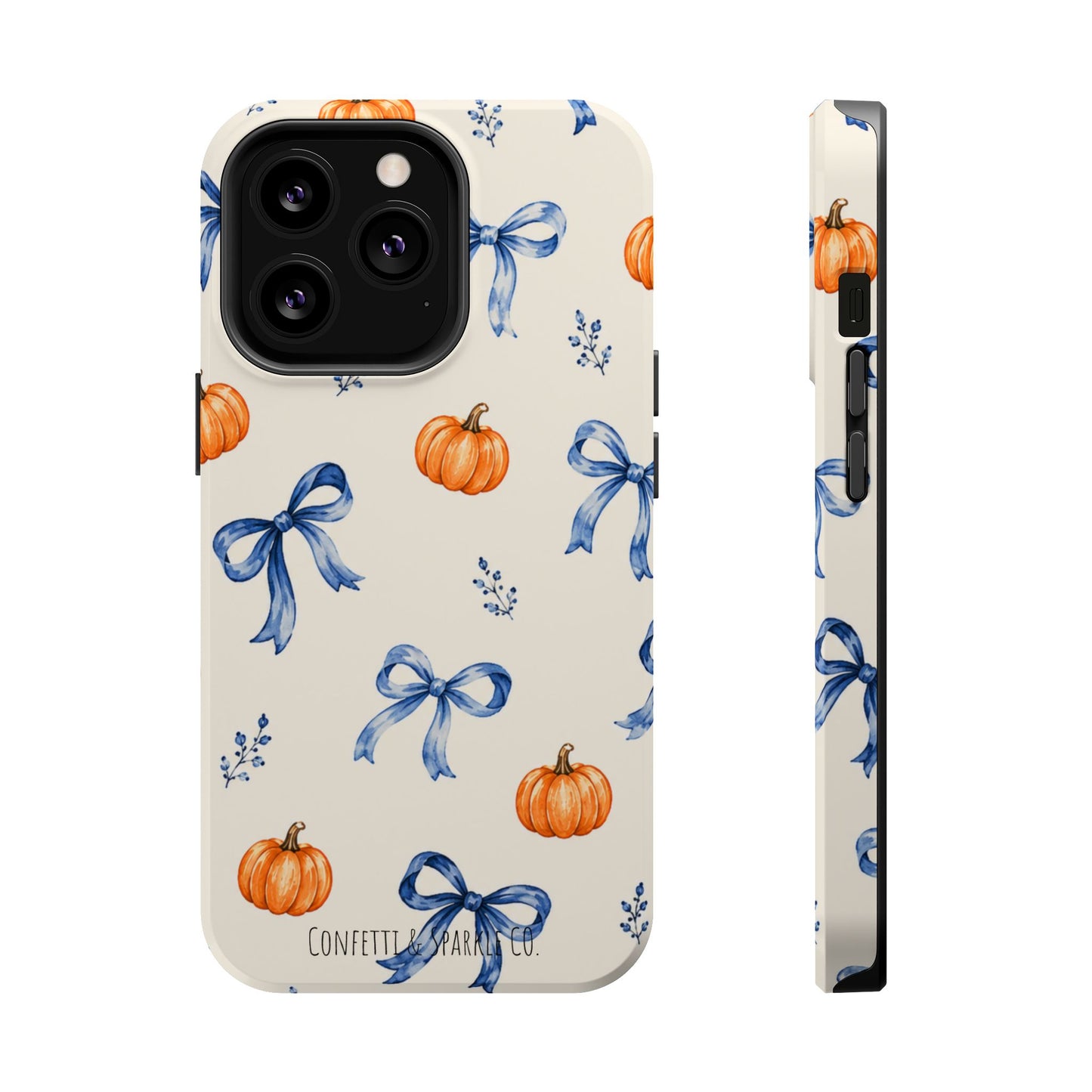 Pumpkin & Blue Bow Phone Case — Magnetic Impact-Resistant Fall Design