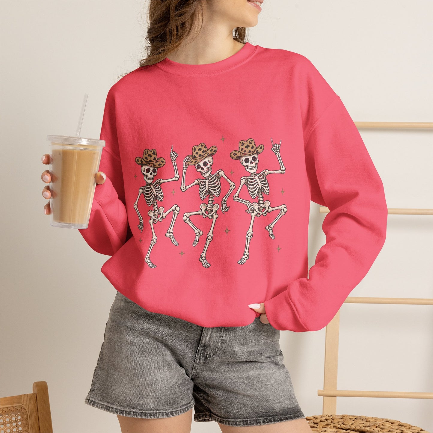 Dancing Skeletons Sweatshirt — Western Cowboy Skull Trio Halloween Pullover