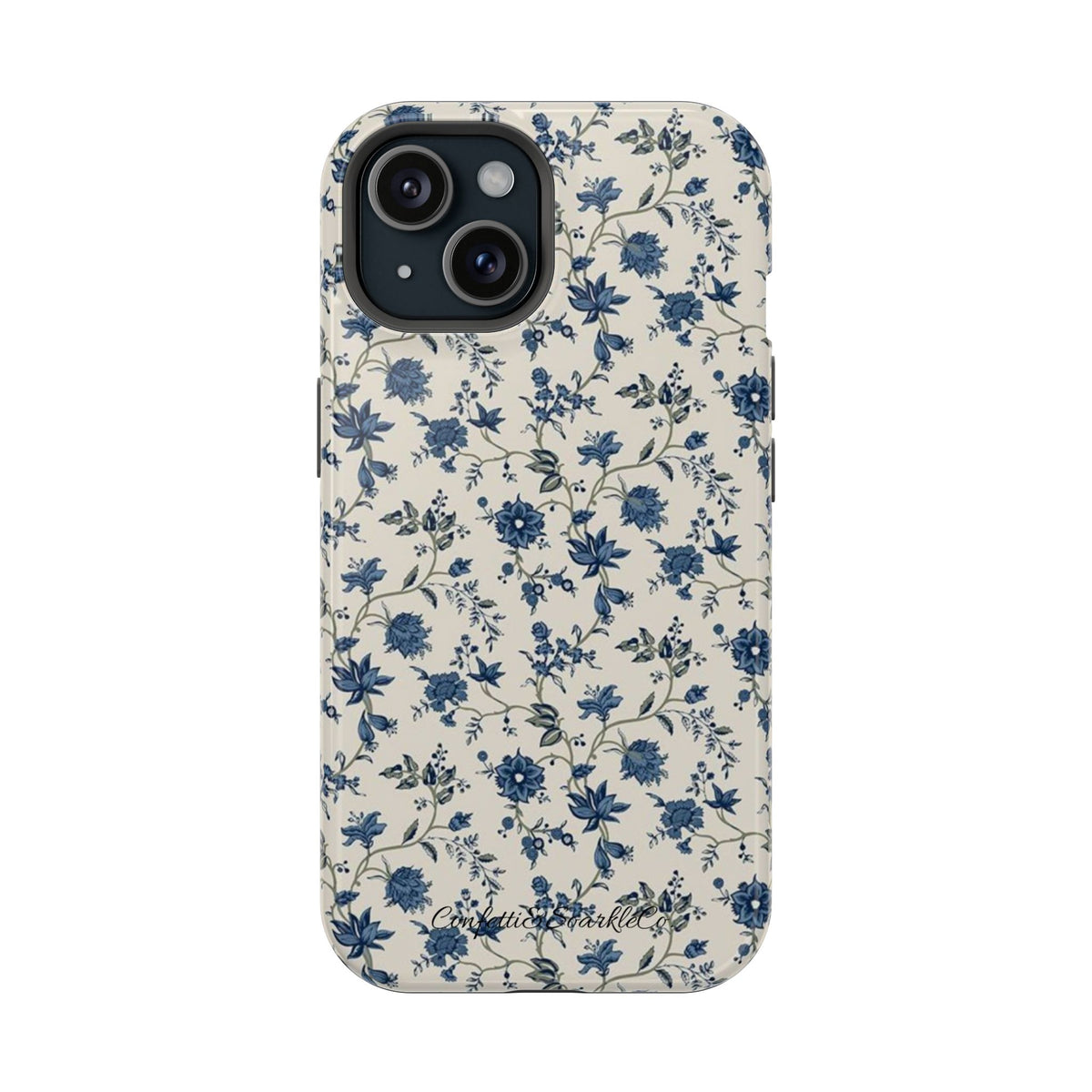 Vintage Blue Botanical Magnetic Phone Case — Impact-Resistant Floral Cover