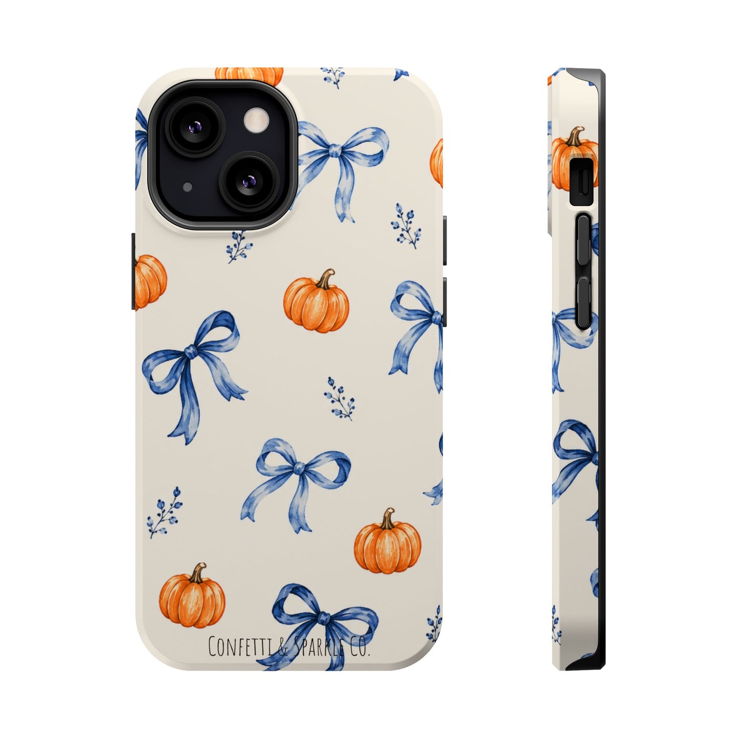 Pumpkin & Blue Bow Phone Case — Magnetic Impact-Resistant Fall Design