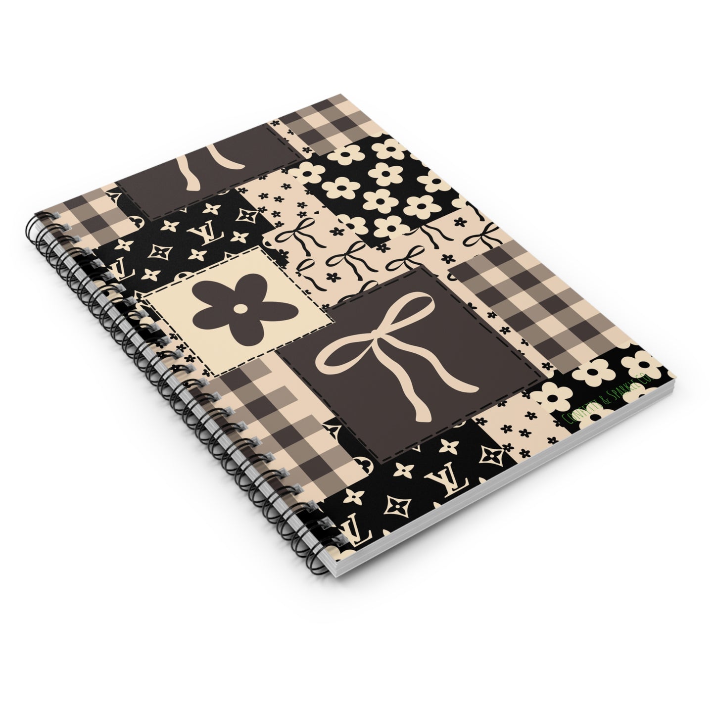 Patchwork Floral Spiral Notebook — Neutral Vintage Bow & Plaid Ruled Journal