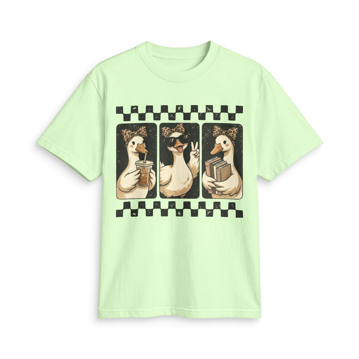Duck Trio Graphic T-Shirt — Cute Vintage Ducks Holding Coffee & Books