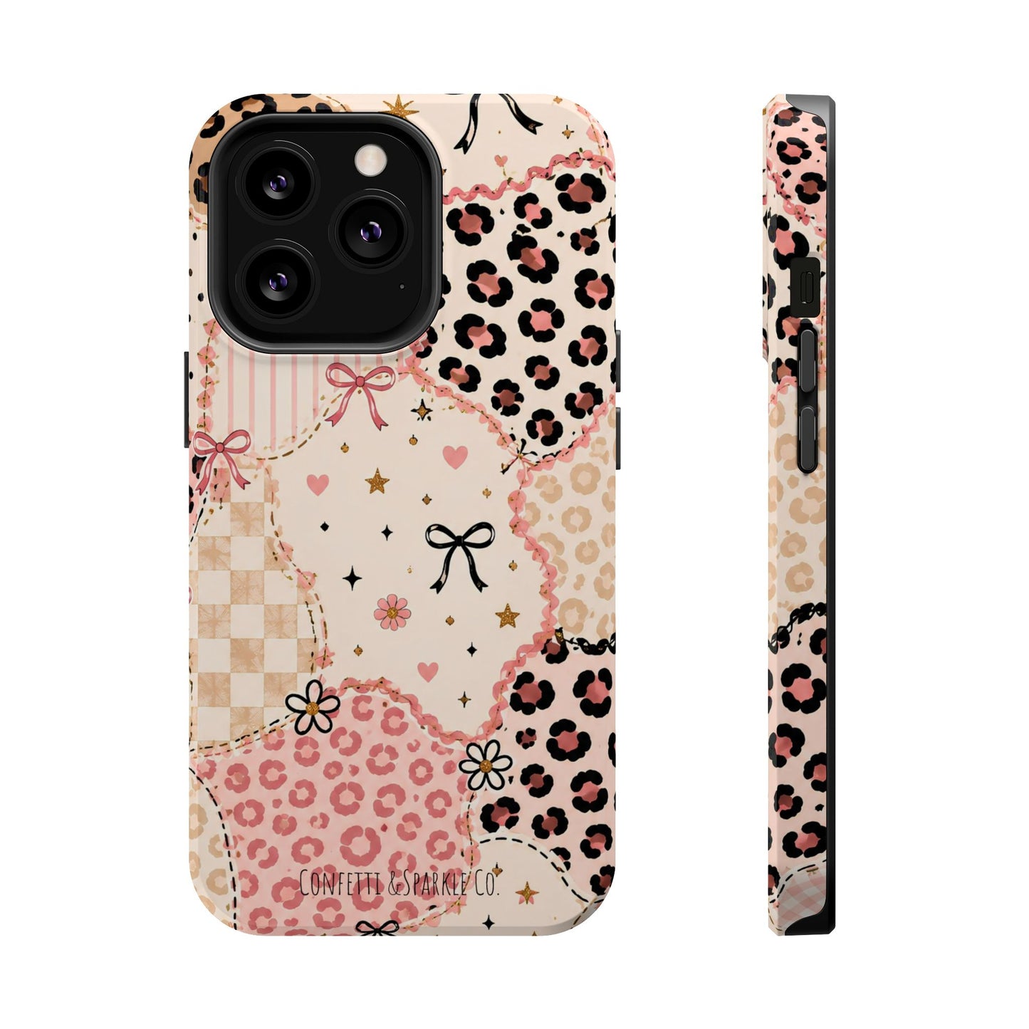 Leopard Heart Patchwork Phone Case — Pink Cute Magnetic Impact-Resistant Case