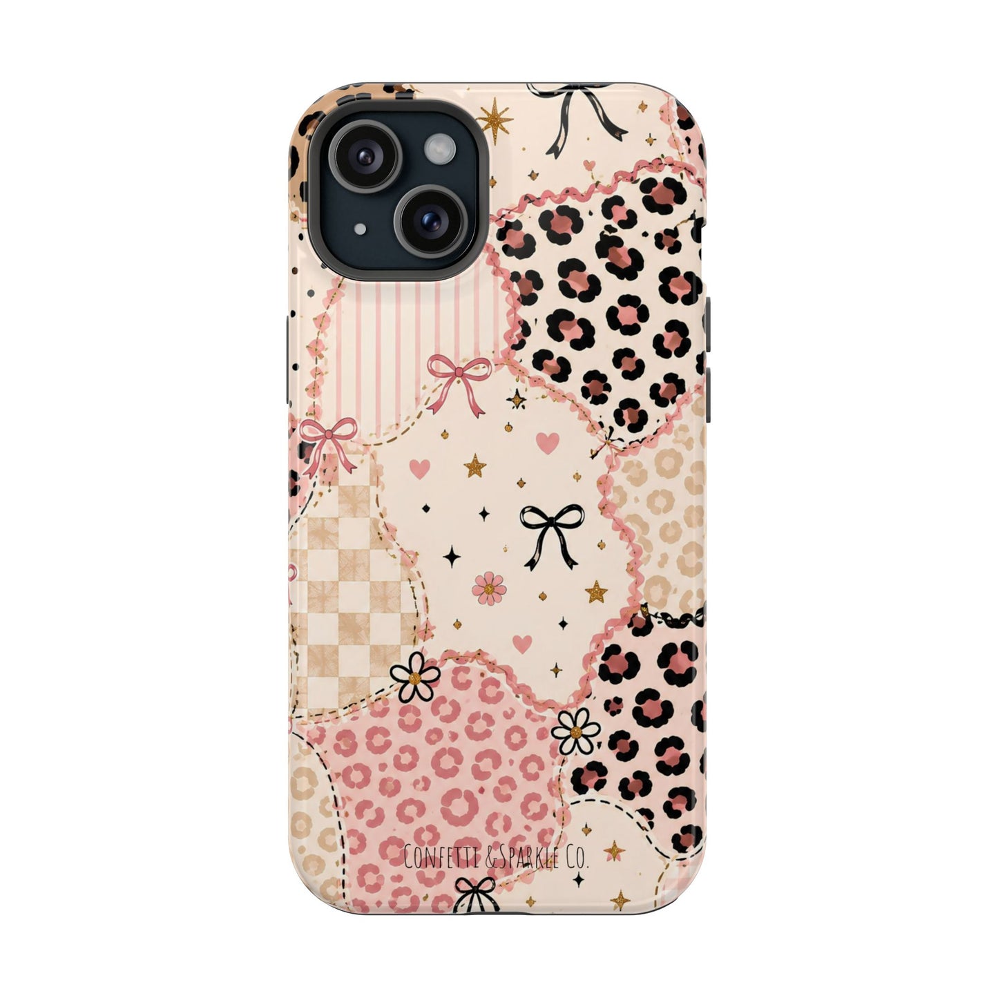 Leopard Heart Patchwork Phone Case — Pink Cute Magnetic Impact-Resistant Case
