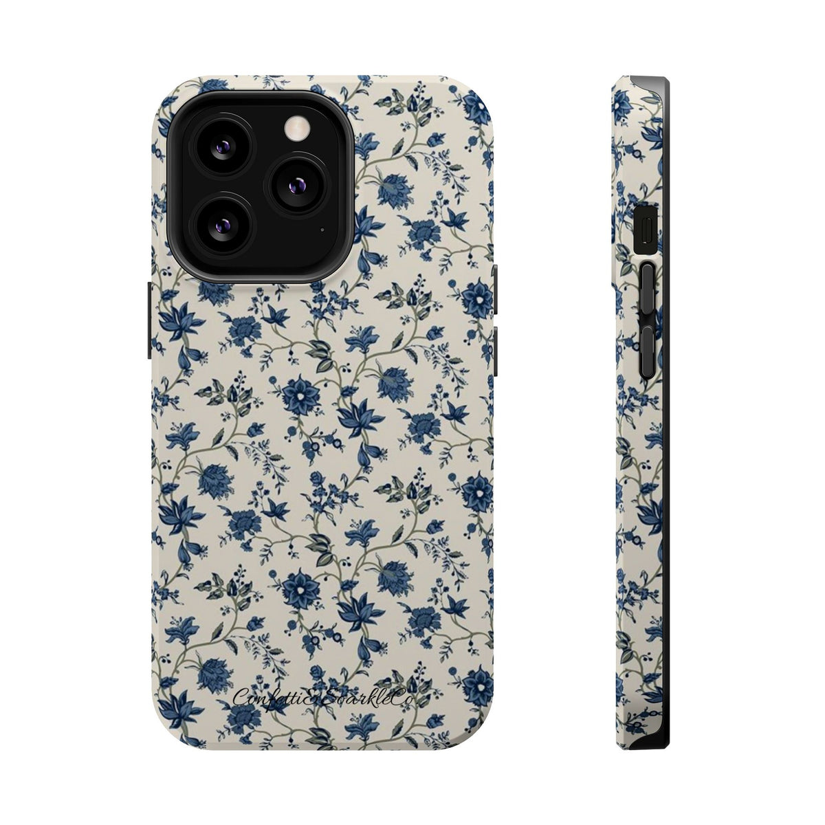 Vintage Blue Botanical Magnetic Phone Case — Impact-Resistant Floral Cover
