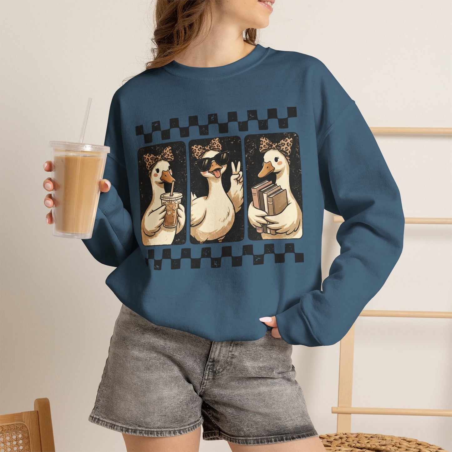 Duck Trio Graphic Sweatshirt — Vintage Checkerboard Cozy Pullover