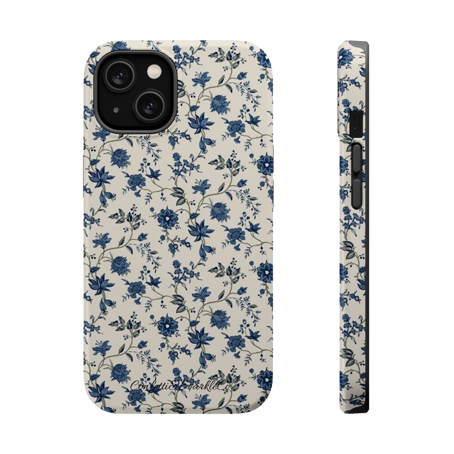 Vintage Blue Botanical Magnetic Phone Case — Impact-Resistant Floral Cover