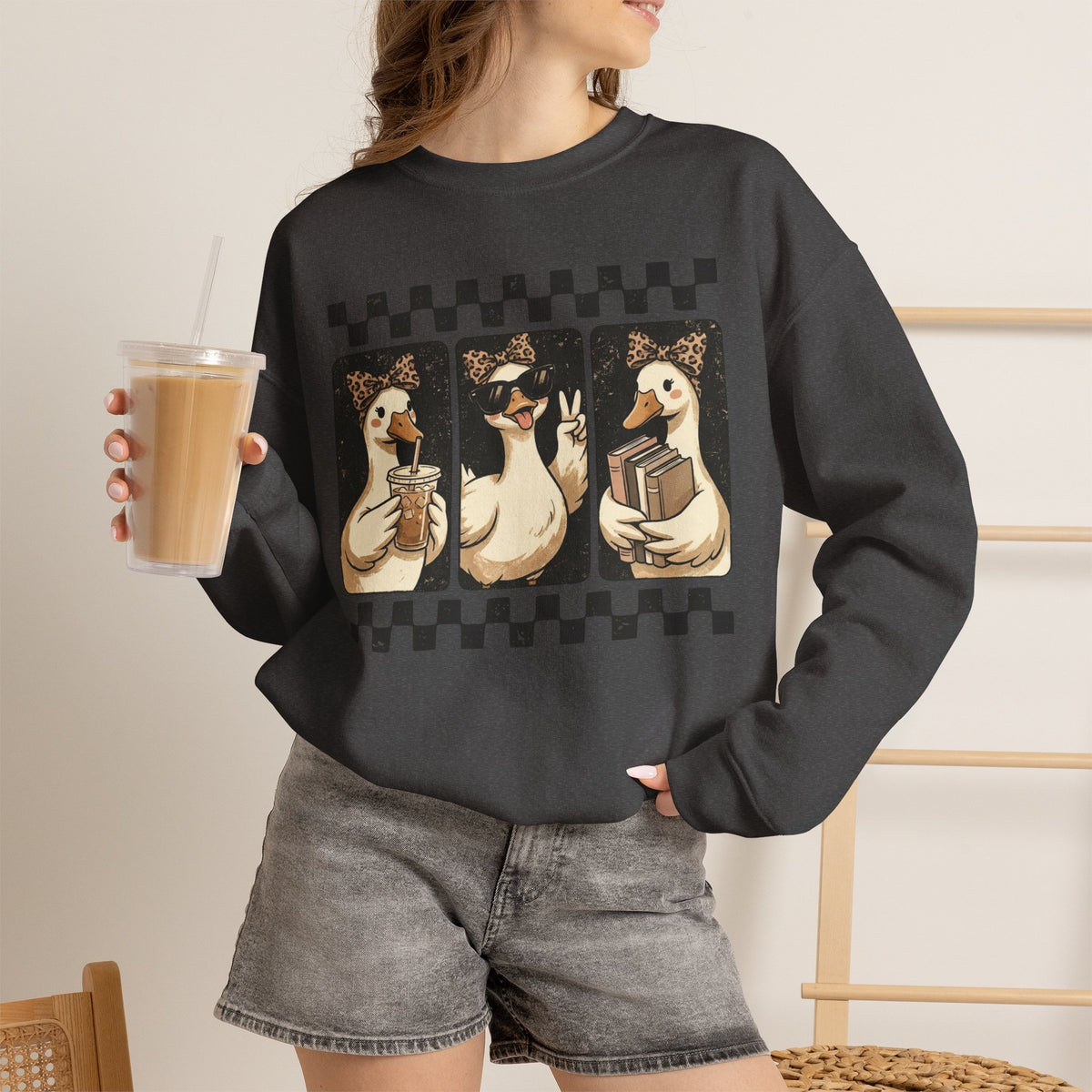 Duck Trio Graphic Sweatshirt — Vintage Checkerboard Cozy Pullover