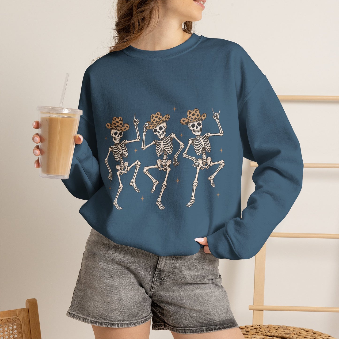 Dancing Skeletons Sweatshirt — Western Cowboy Skull Trio Halloween Pullover