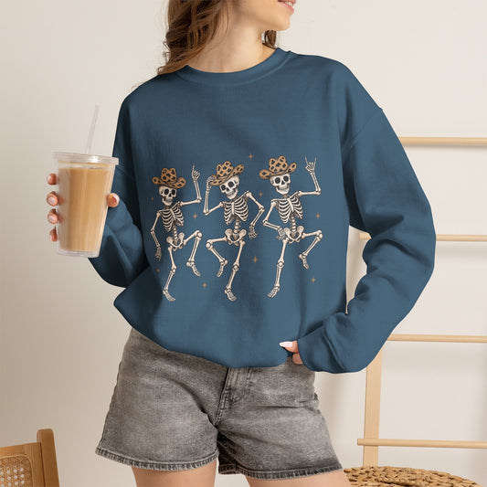 Dancing Skeletons Sweatshirt — Western Cowboy Skull Trio Halloween Pullover