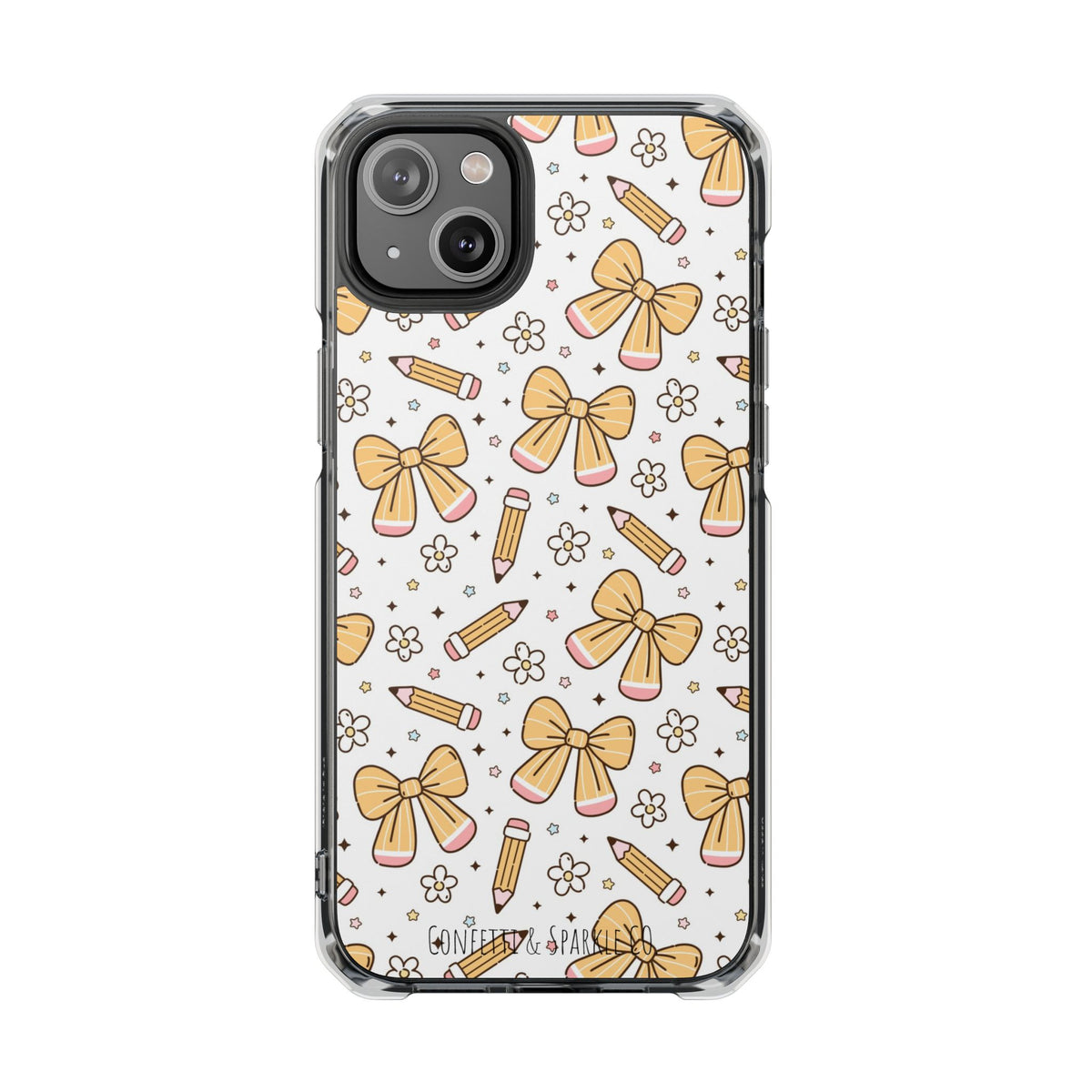 Clear Magnetic Phone Case — Cute Yellow Bow & Pencil Pattern
