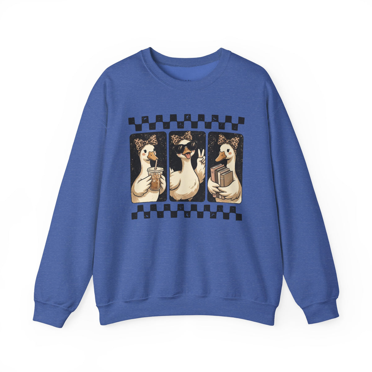 Duck Trio Graphic Sweatshirt — Vintage Checkerboard Cozy Pullover