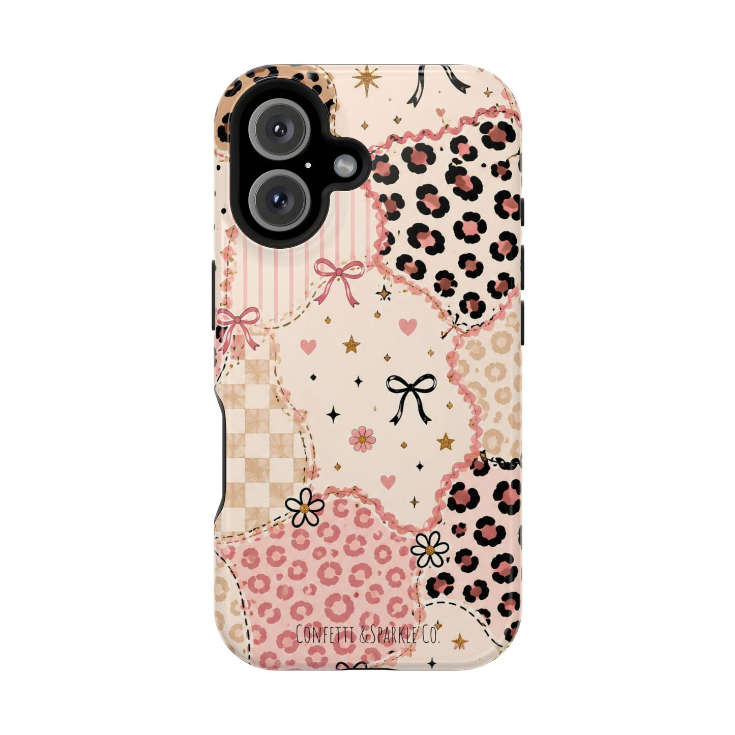 Leopard Heart Patchwork Phone Case — Pink Cute Magnetic Impact-Resistant Case