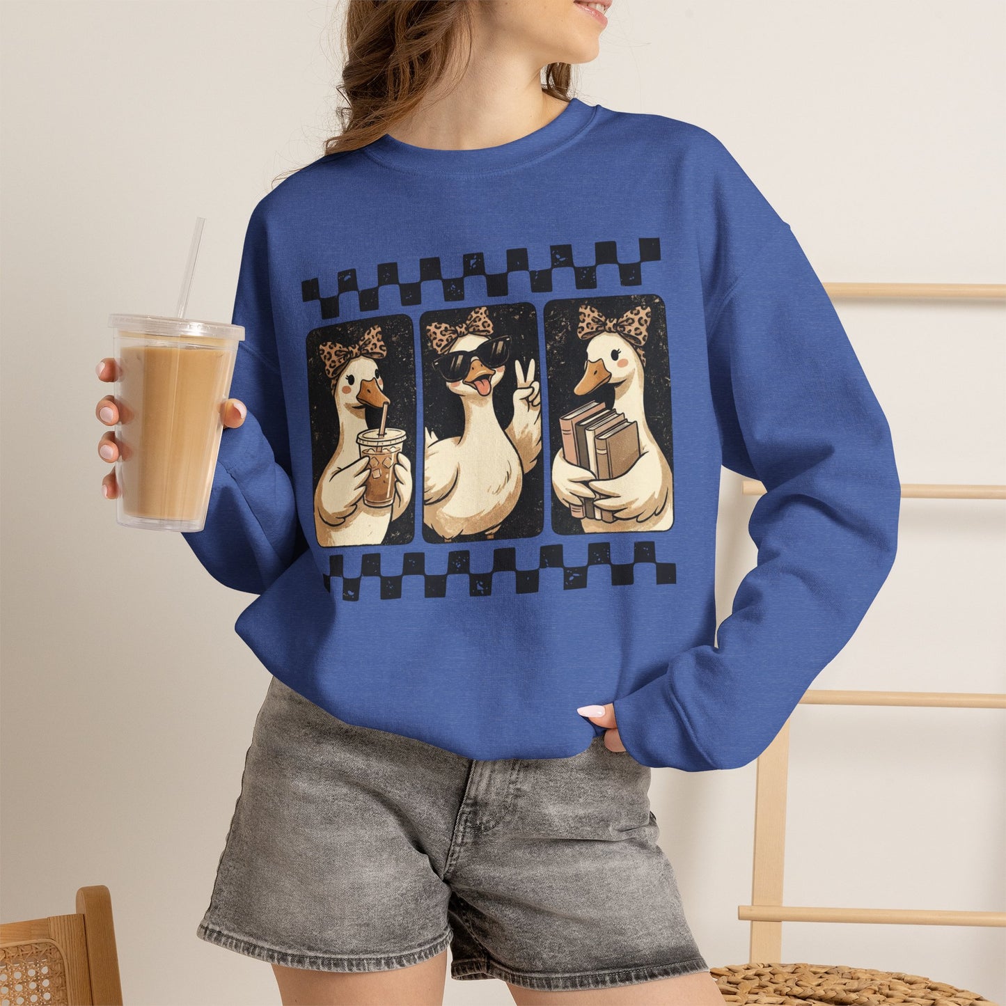 Duck Trio Graphic Sweatshirt — Vintage Checkerboard Cozy Pullover