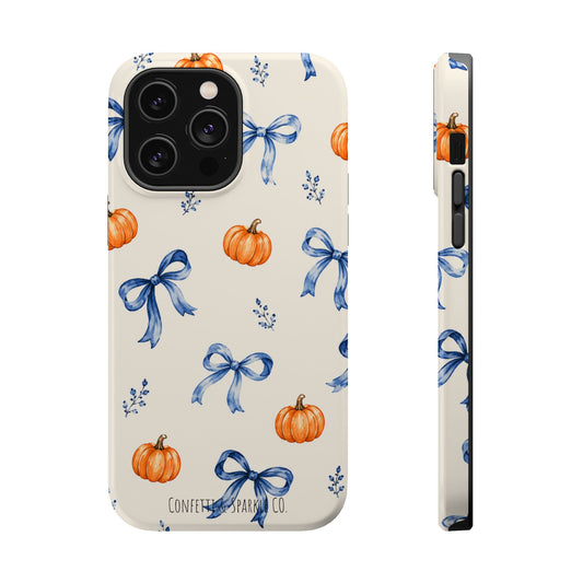 Pumpkin & Blue Bow Phone Case — Magnetic Impact-Resistant Fall Design