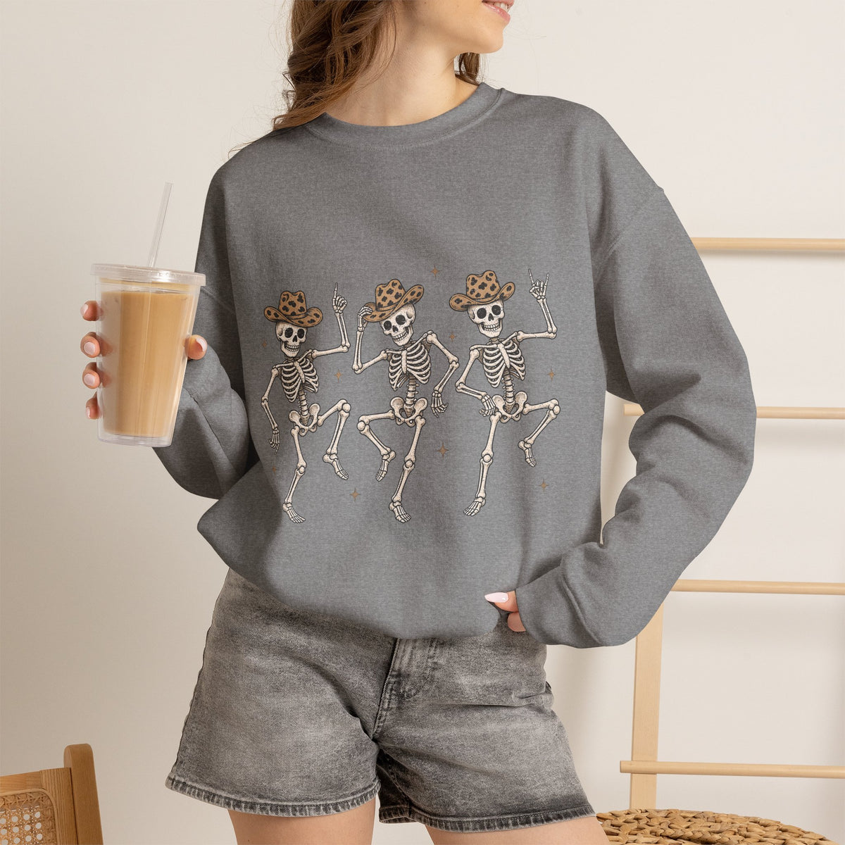 Dancing Skeletons Sweatshirt — Western Cowboy Skull Trio Halloween Pullover