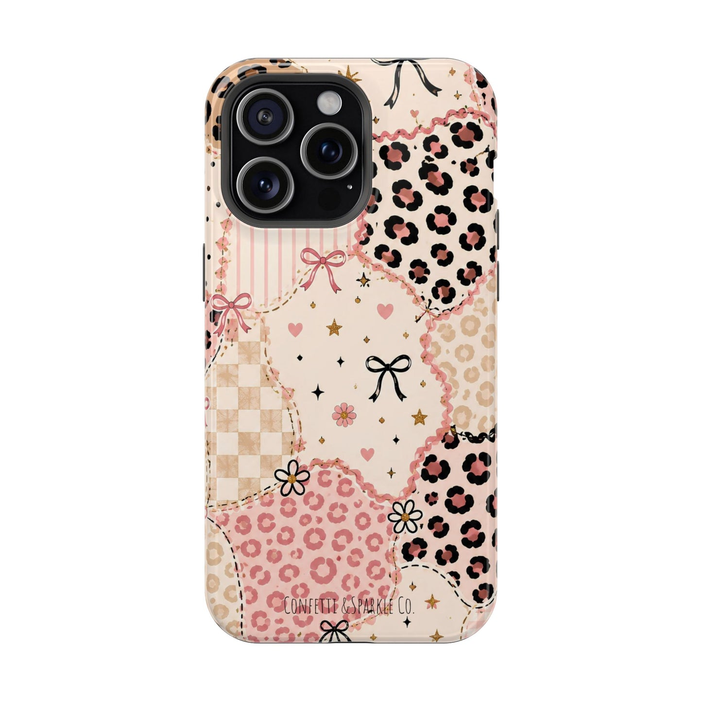 Leopard Heart Patchwork Phone Case — Pink Cute Magnetic Impact-Resistant Case