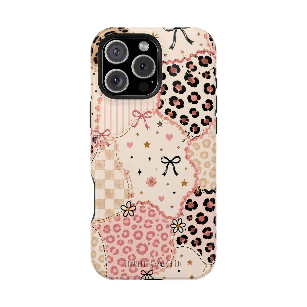 Leopard Heart Patchwork Phone Case — Pink Cute Magnetic Impact-Resistant Case