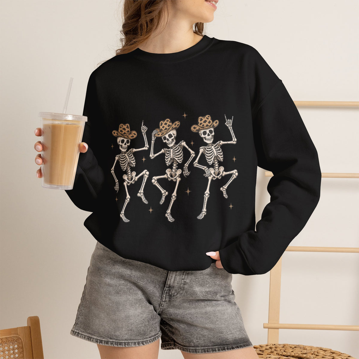 Dancing Skeletons Sweatshirt — Western Cowboy Skull Trio Halloween Pullover