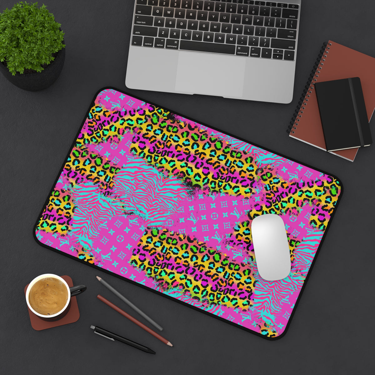 Neon Animal Print Desk Mat — Pink Leopard & Zebra Pattern