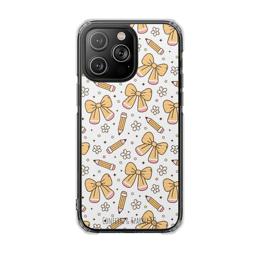 Clear Magnetic Phone Case — Cute Yellow Bow & Pencil Pattern