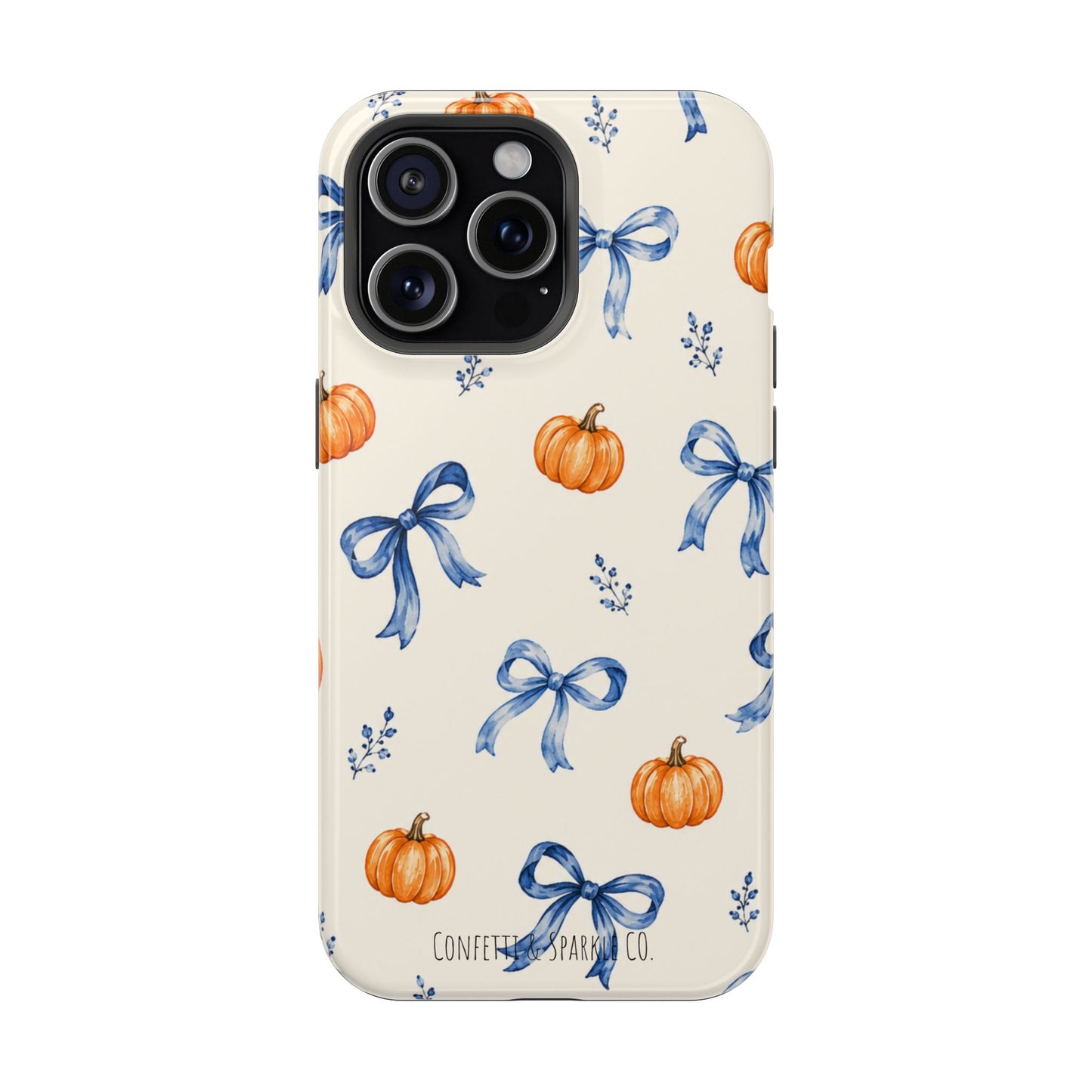 Pumpkin & Blue Bow Phone Case — Magnetic Impact-Resistant Fall Design