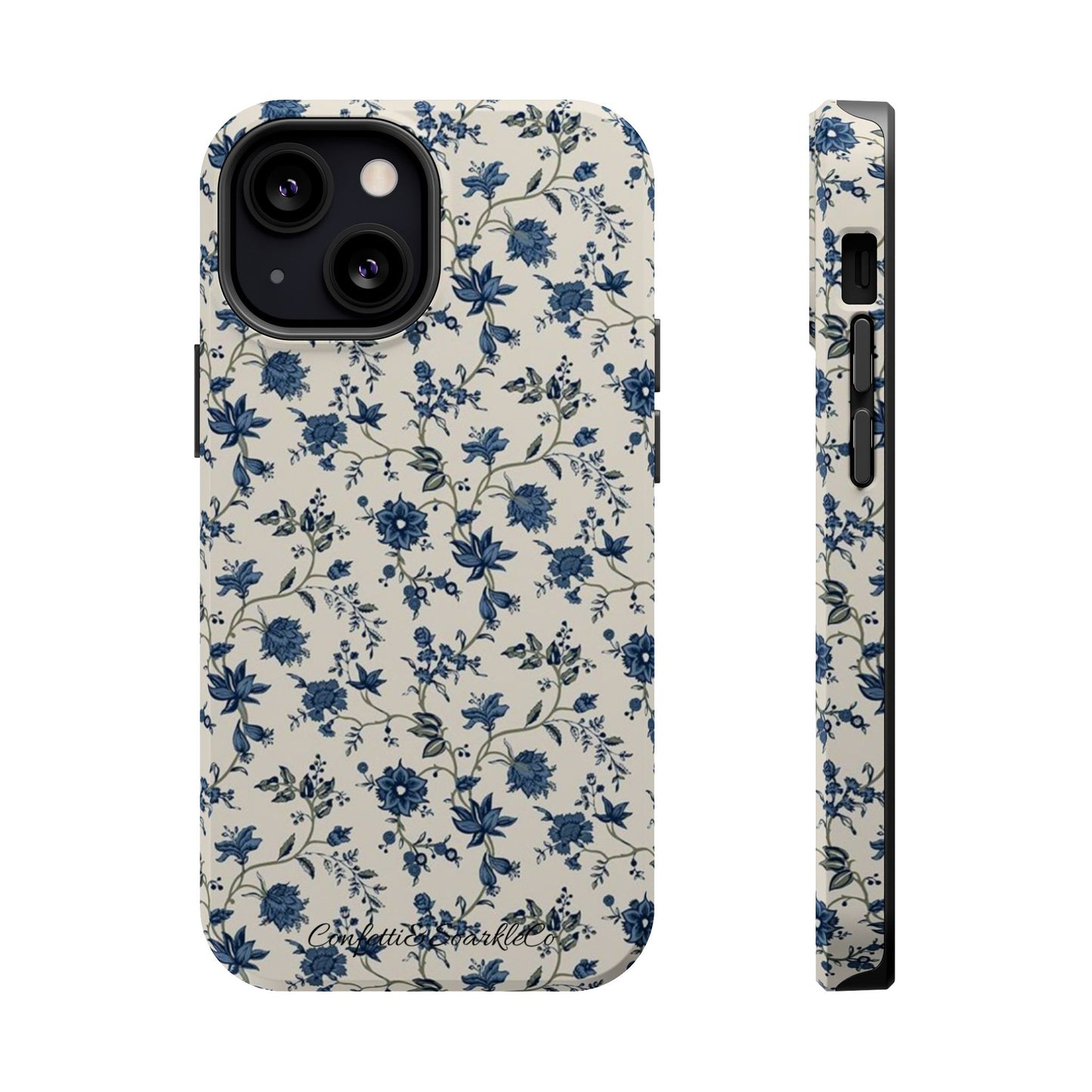 Vintage Blue Botanical Magnetic Phone Case — Impact-Resistant Floral Cover