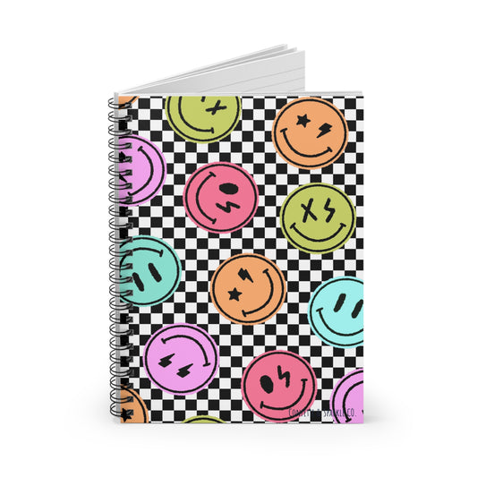 Checkered Smiley Spiral Notebook — Colorful Grunge Emoji Journal (Ruled)