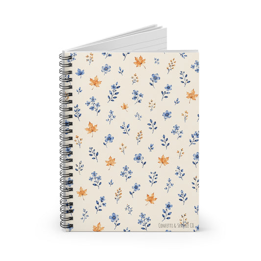 Floral Harvest Spiral Notebook — Blue & Amber Watercolor Ruled Journal