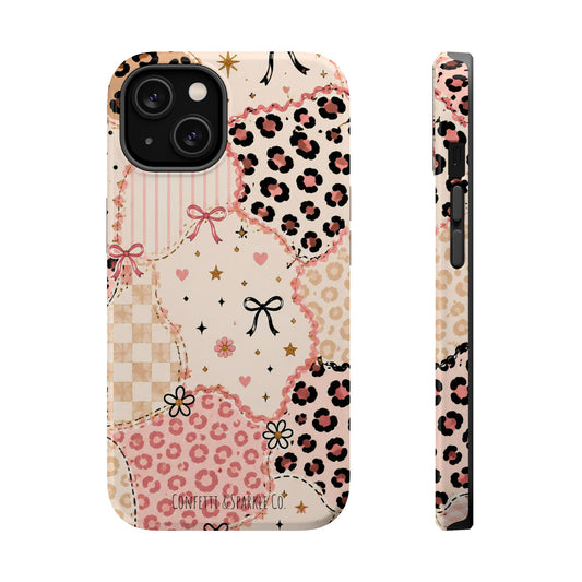 Leopard Heart Patchwork Phone Case — Pink Cute Magnetic Impact-Resistant Case