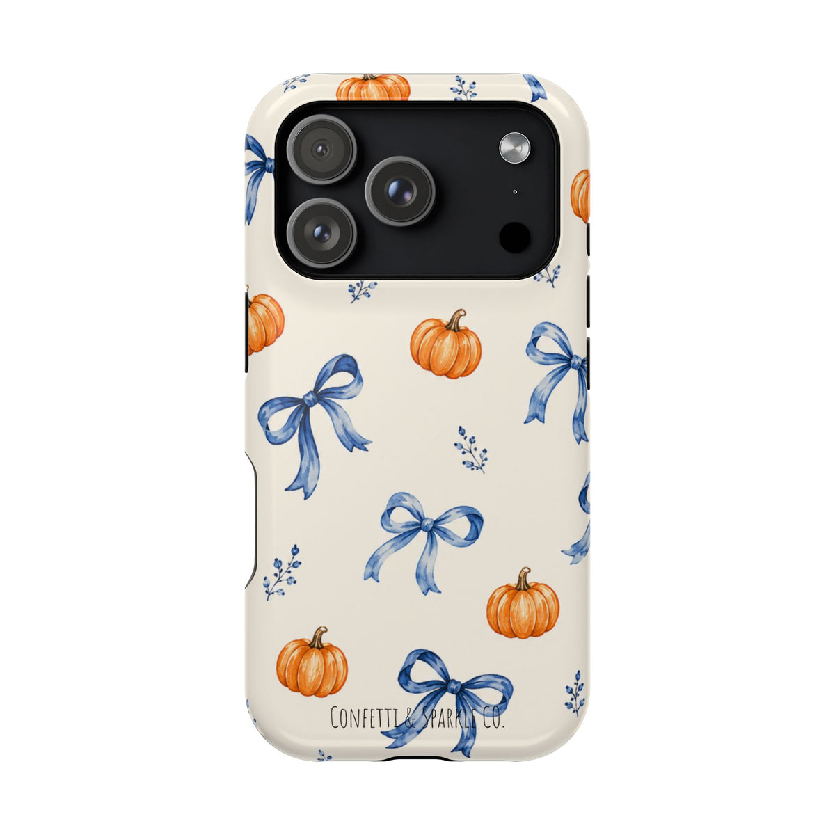 Pumpkin & Blue Bow Phone Case — Magnetic Impact-Resistant Fall Design