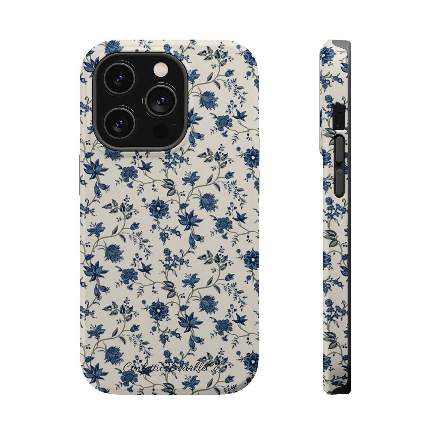 Vintage Blue Botanical Magnetic Phone Case — Impact-Resistant Floral Cover