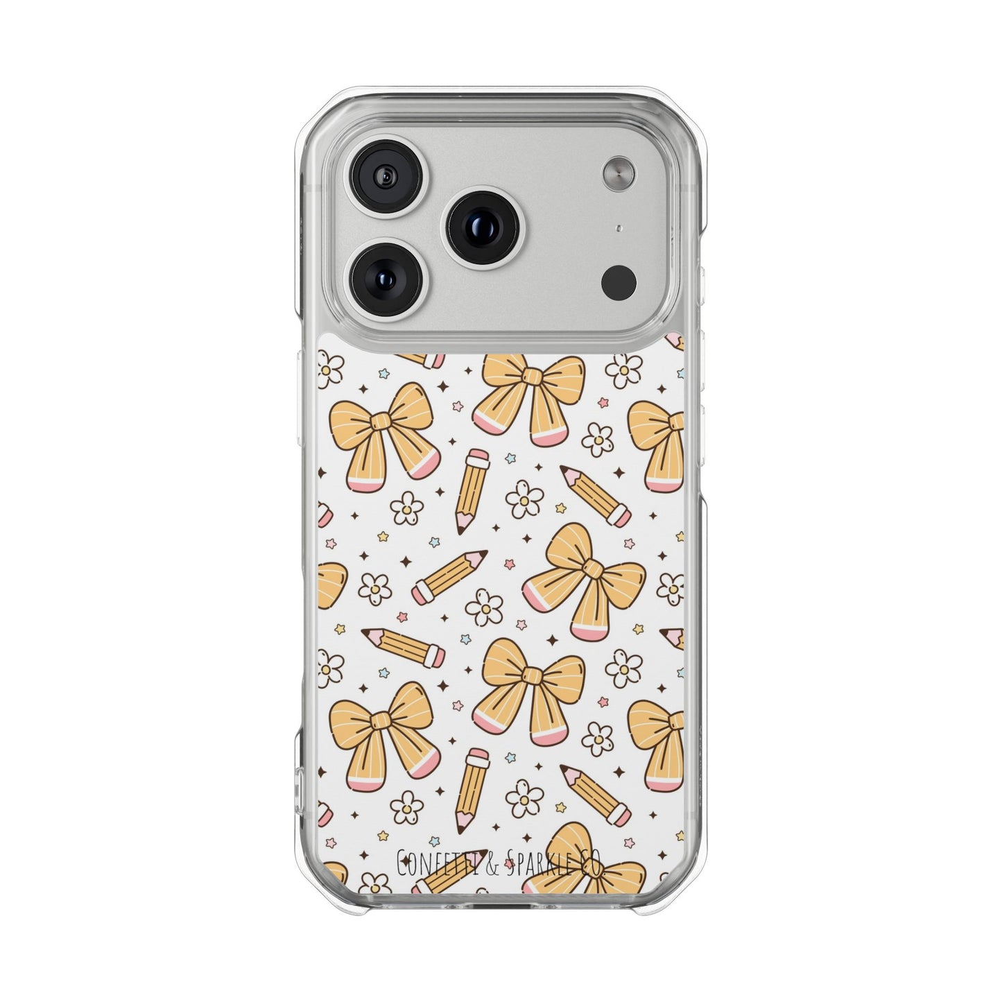 Clear Magnetic Phone Case — Cute Yellow Bow & Pencil Pattern