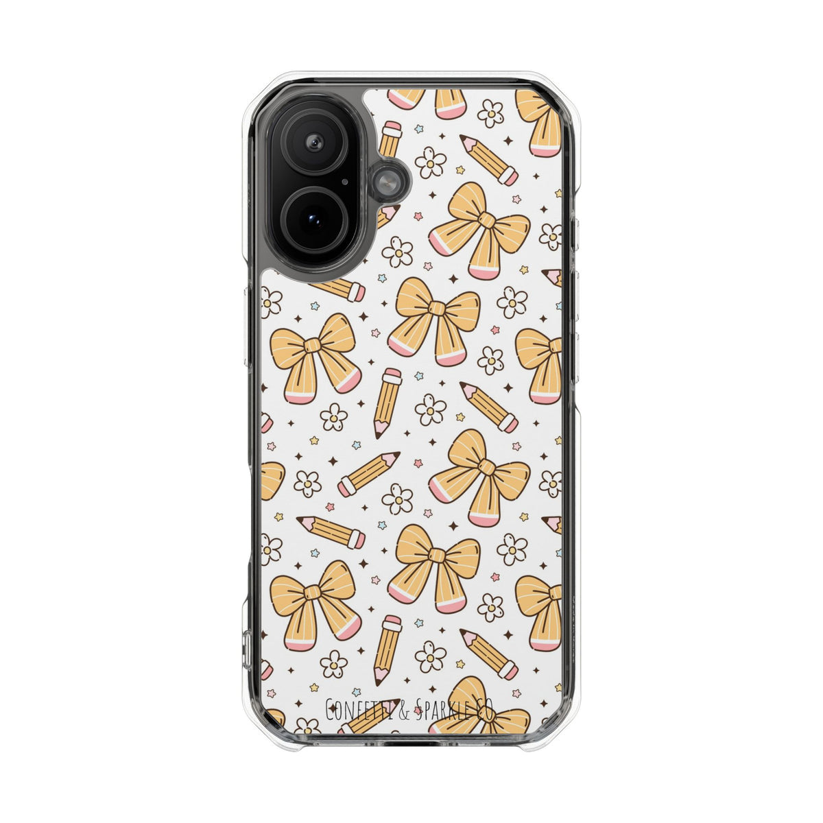 Clear Magnetic Phone Case — Cute Yellow Bow & Pencil Pattern