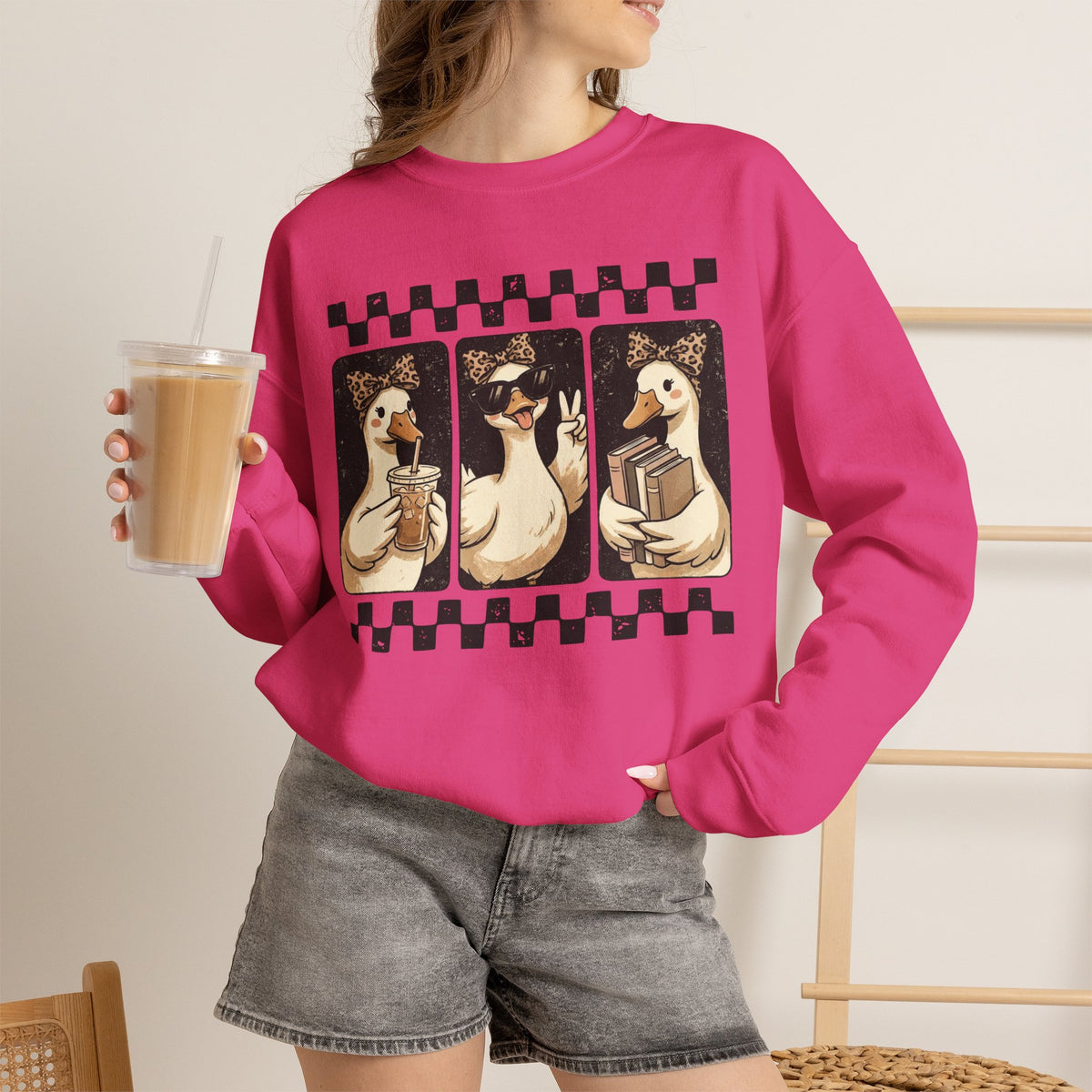 Duck Trio Graphic Sweatshirt — Vintage Checkerboard Cozy Pullover