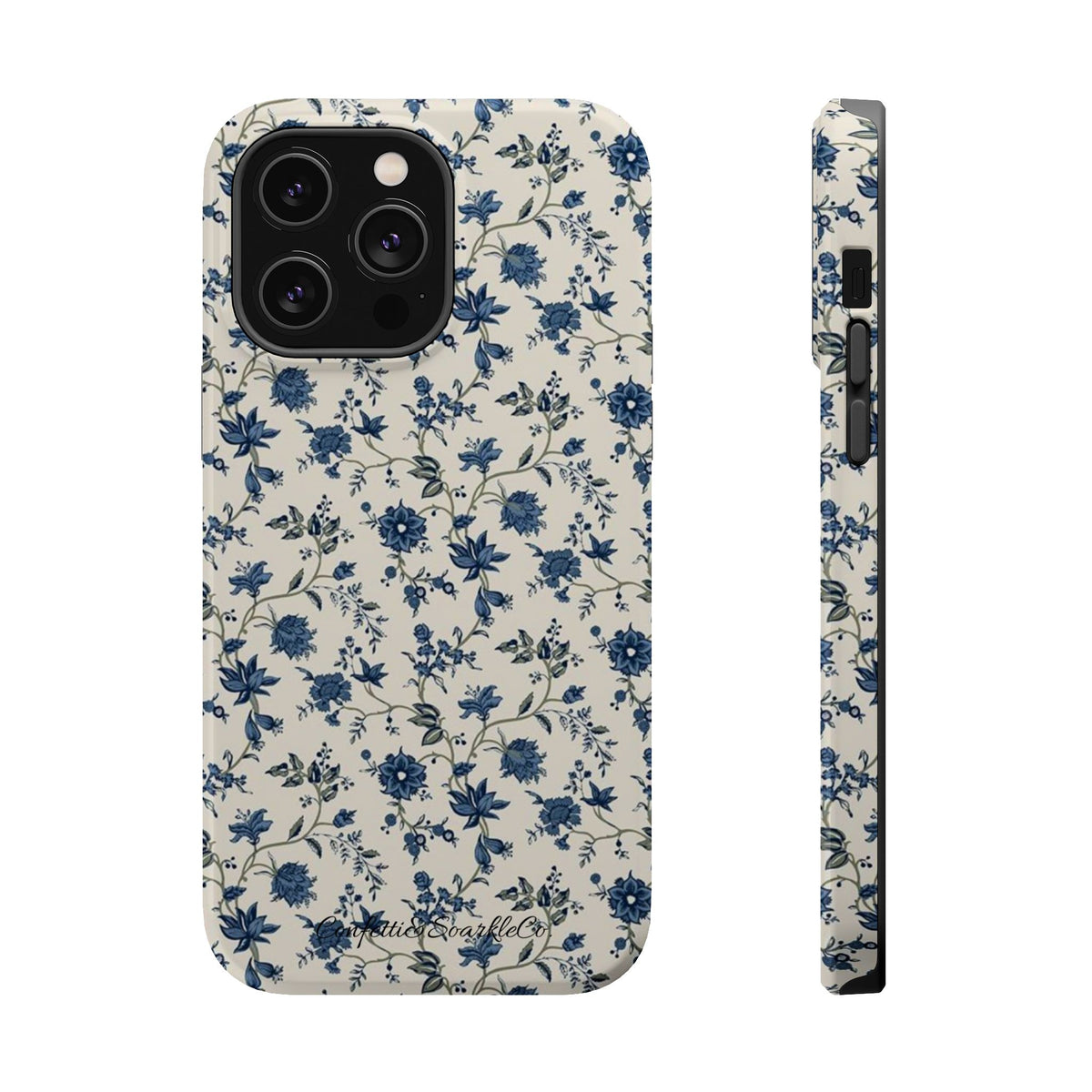 Vintage Blue Botanical Magnetic Phone Case — Impact-Resistant Floral Cover